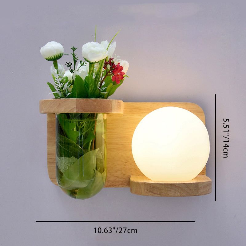 Modern Minimalist Round Ball Cylinder Vase Glass Shade Wood 1-Light Wall Sconce Lamp For Living Room