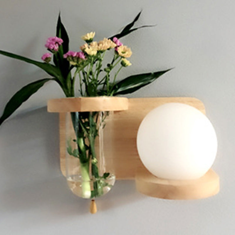 Modern Minimalist Round Ball Cylinder Vase Glass Shade Wood 1-Light Wall Sconce Lamp For Living Room