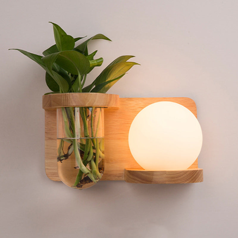 Modern Minimalist Round Ball Cylinder Vase Glass Shade Wood 1-Light Wall Sconce Lamp For Living Room