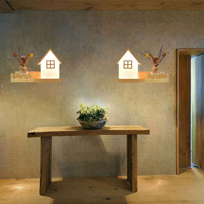 Zeitgenössische kreative quadratische Haus verdrehte Rechteck Glas Schatten Holz 1-Licht Wandleuchte Lampe für Schlafzimmer 