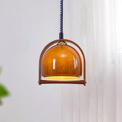 Zeitgenössische Retro Dehnbare Rundbogen Massivholzrahmen Glasschirm 1-Licht Pendelleuchte Für Wohnzimmer 