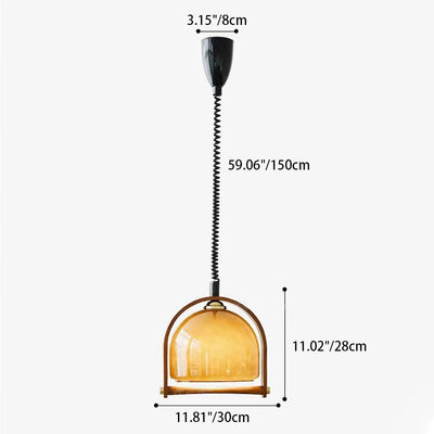 Zeitgenössische Retro Dehnbare Rundbogen Massivholzrahmen Glasschirm 1-Licht Pendelleuchte Für Wohnzimmer 