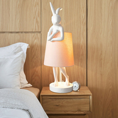 Contemporary Creative Rabbit Cylinder Apron Shape Resin Fabric Shade 1-Light Table Lamp For Living Room