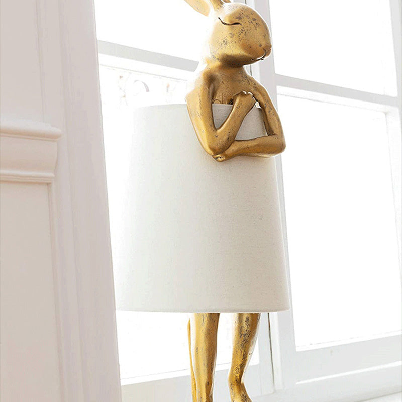 Contemporary Creative Rabbit Cylinder Apron Shape Resin Fabric Shade 1-Light Table Lamp For Living Room