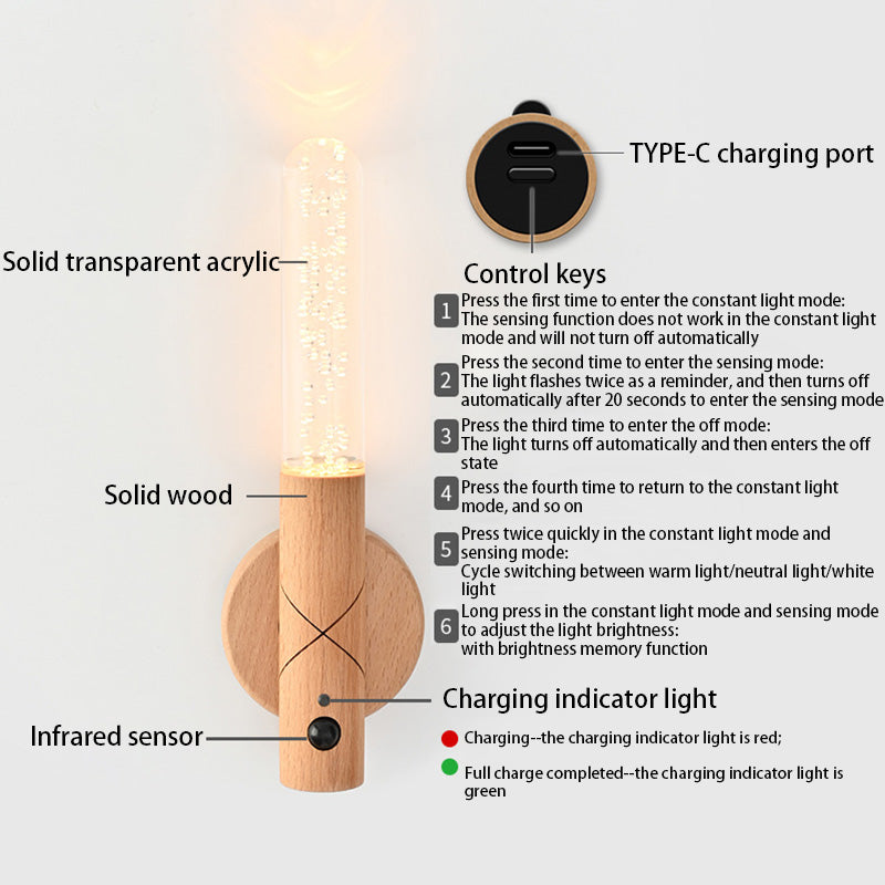 Modernes unbedeutendes Zylinder-wiederaufladbares Sensor-Holz-Plexiglas-LED-Nachtlicht für Schlafzimmer 