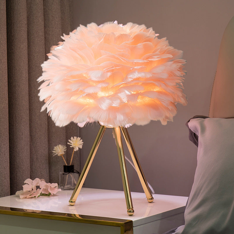 Contemporary Creative Feather Tripod Base Iron Frame 1-Light Table Lamp For Bedroom