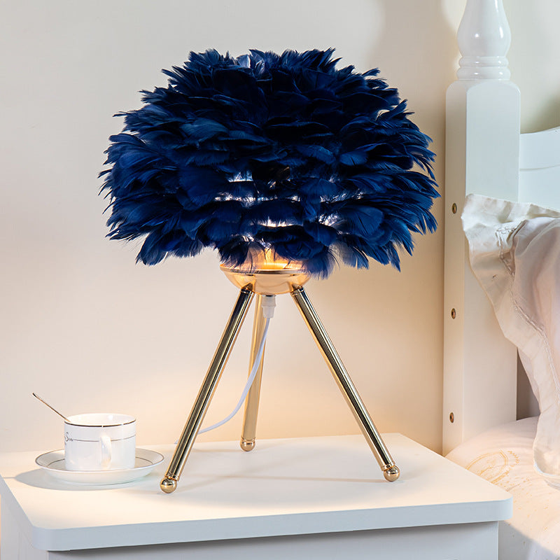 Contemporary Creative Feather Tripod Base Iron Frame 1-Light Table Lamp For Bedroom