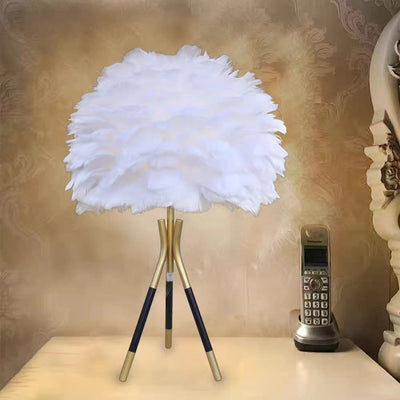 Contemporary Creative Feather Tripod Base Iron Frame 1-Light Table Lamp For Bedroom