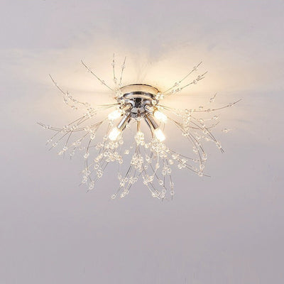 Contemporary Creative Branch Round Dandelion Shape Iron Crystal 4/5/6/8 Light Semi-Flush Mount Ceiling Light For Living Room