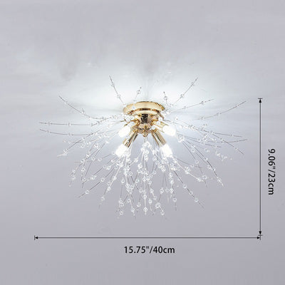 Contemporary Creative Branch Round Dandelion Shape Iron Crystal 4/5/6/8 Light Semi-Flush Mount Ceiling Light For Living Room