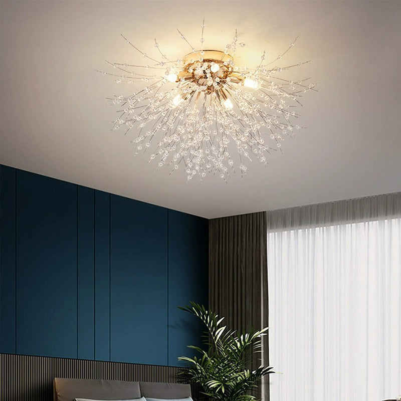 Contemporary Creative Branch Round Dandelion Shape Iron Crystal 4/5/6/8 Light Semi-Flush Mount Ceiling Light For Living Room