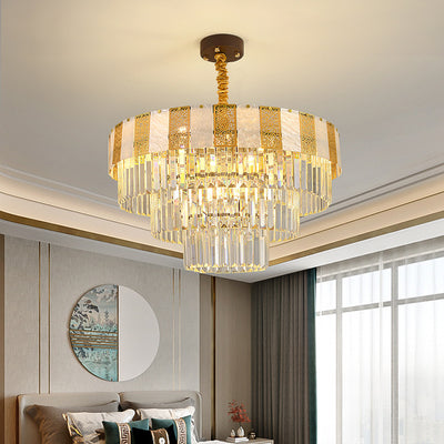 Traditional Chinese Multi-Tier Round Iron Glass Stainless Steel 12/16 Light Chandelier For Living Room