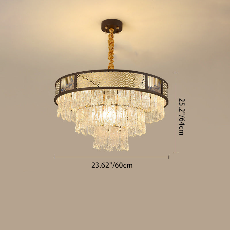 Traditional Chinese Multi-Tier Round Iron Glass Stainless Steel 12/16 Light Chandelier For Living Room