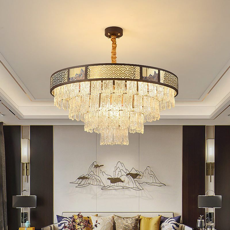 Traditional Chinese Multi-Tier Round Iron Glass Stainless Steel 12/16 Light Chandelier For Living Room