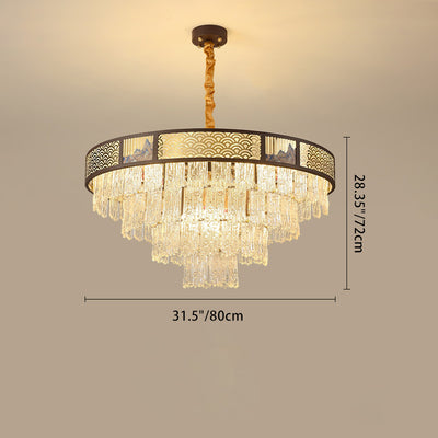 Traditional Chinese Multi-Tier Round Iron Glass Stainless Steel 12/16 Light Chandelier For Living Room