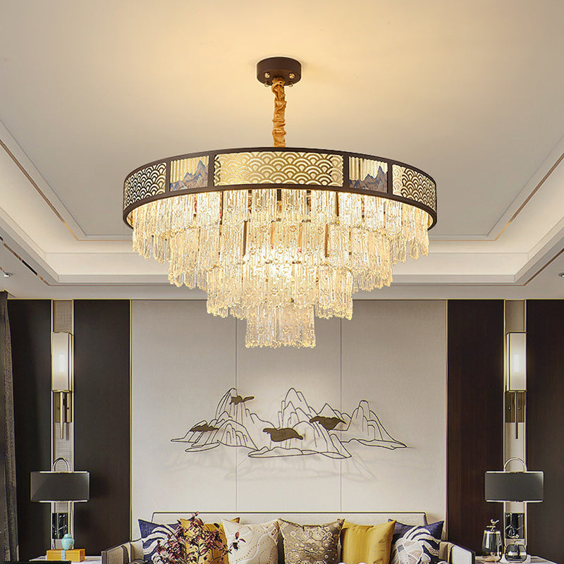 Traditional Chinese Multi-Tier Round Iron Glass Stainless Steel 12/16 Light Chandelier For Living Room