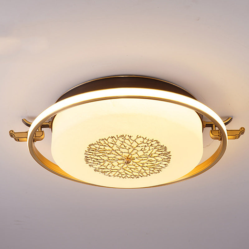 Traditional Chinese Round Rectangle Copper Frame Glass Shade LED Flush Mount Ceiling Light For Living Room