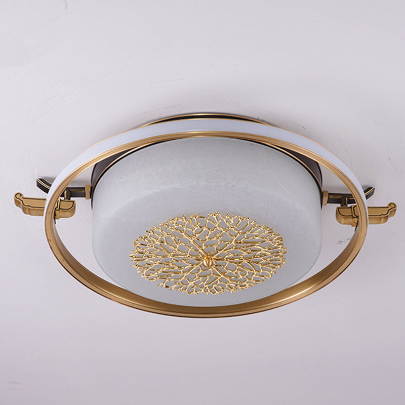 Traditional Chinese Round Rectangle Copper Frame Glass Shade LED Flush Mount Ceiling Light For Living Room