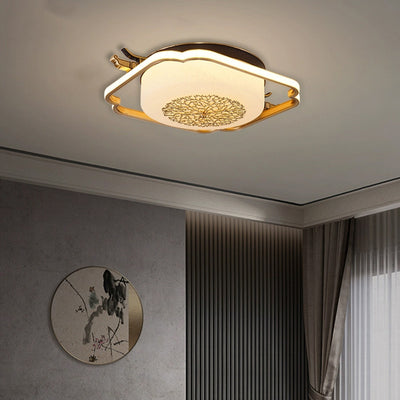 Traditional Chinese Round Rectangle Copper Frame Glass Shade LED Flush Mount Ceiling Light For Living Room