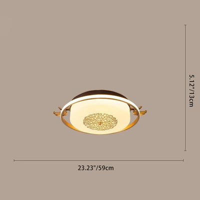 Traditional Chinese Round Rectangle Copper Frame Glass Shade LED Flush Mount Ceiling Light For Living Room