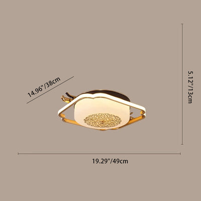 Traditional Chinese Round Rectangle Copper Frame Glass Shade LED Flush Mount Ceiling Light For Living Room