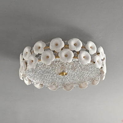 Modern Art Deco Round Flower Petal Brass Ceramic Glass 3/4 Light Flush Mount Ceiling Light For Living Room