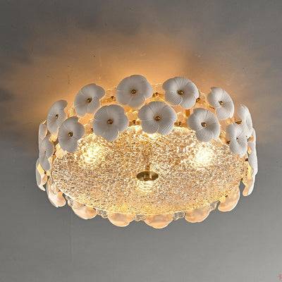 Modern Art Deco Round Flower Petal Brass Ceramic Glass 3/4 Light Flush Mount Ceiling Light For Living Room