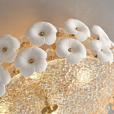 Modern Art Deco Round Flower Petal Brass Ceramic Glass 3/4 Light Flush Mount Ceiling Light For Living Room