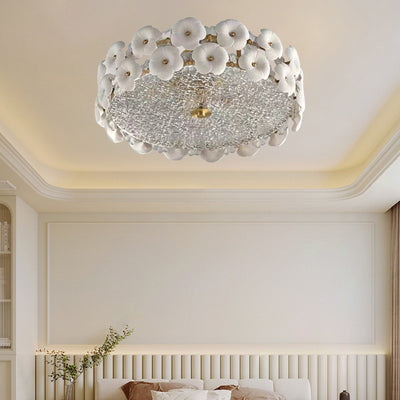 Modern Art Deco Round Flower Petal Brass Ceramic Glass 3/4 Light Flush Mount Ceiling Light For Living Room