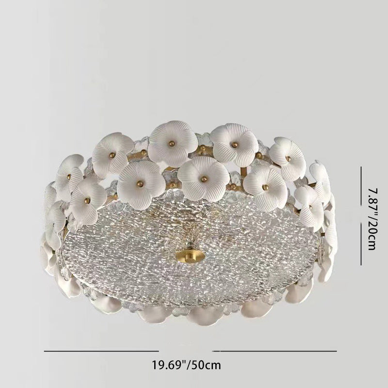 Modern Art Deco Round Flower Petal Brass Ceramic Glass 3/4 Light Flush Mount Ceiling Light For Living Room