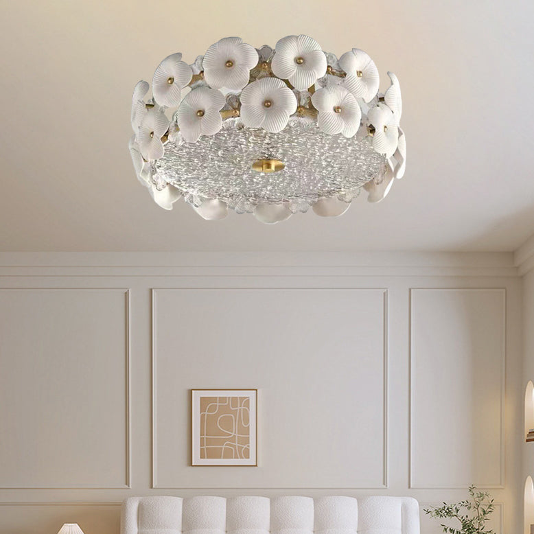 Modern Art Deco Round Flower Petal Brass Ceramic Glass 3/4 Light Flush Mount Ceiling Light For Living Room