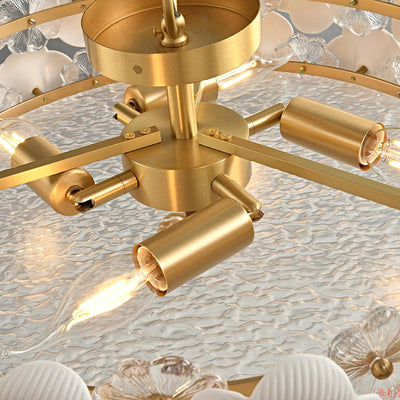 Modern Art Deco Round Flower Petal Brass Ceramic Glass 3/4 Light Flush Mount Ceiling Light For Living Room