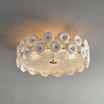 Modern Art Deco Round Flower Petal Brass Ceramic Glass 3/4 Light Flush Mount Ceiling Light For Living Room