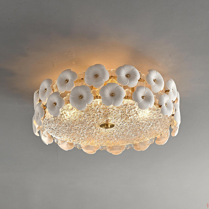 Modern Art Deco Round Flower Petal Brass Ceramic Glass 3/4 Light Flush Mount Ceiling Light For Living Room