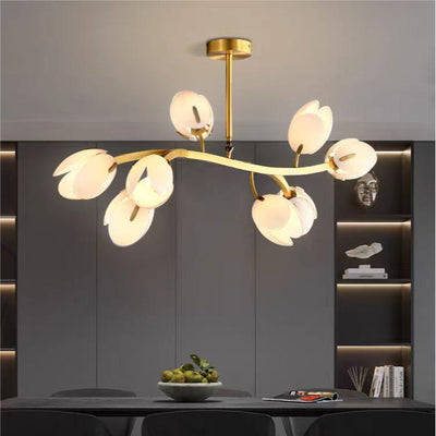 Modern Minimalist Branch Pod Brass Frame Glass Shade 3/5/8 Light Chandelier For Living Room