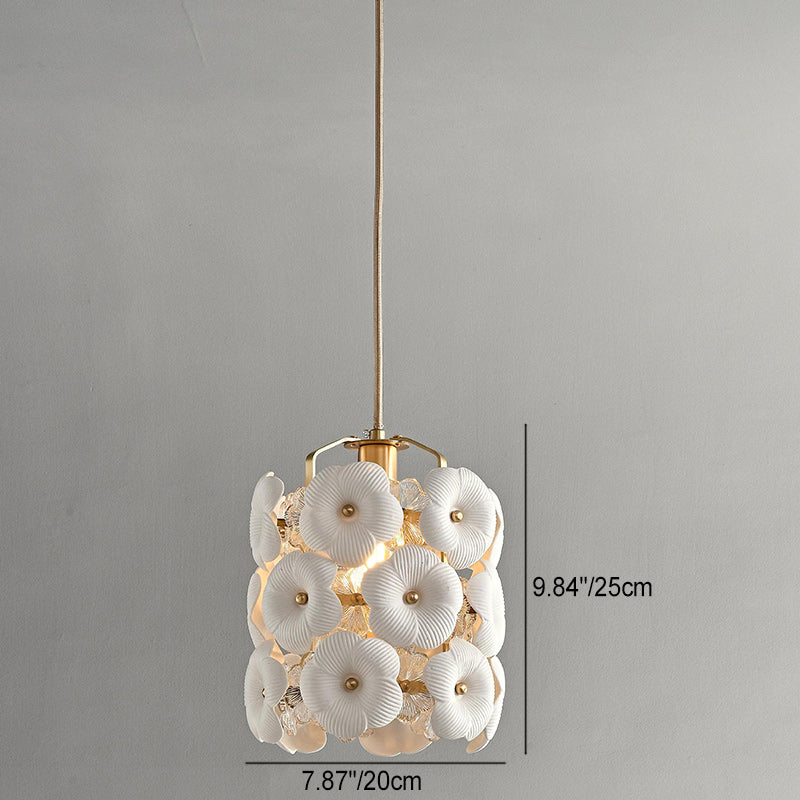 Modern Art Deco Cylinder Flower Full Brass Frame Ceramic Shade 1-Light Pendant Light For Bedroom