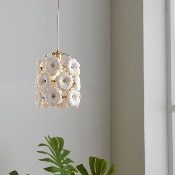 Modern Art Deco Cylinder Flower Full Brass Frame Ceramic Shade 1-Light Pendant Light For Bedroom