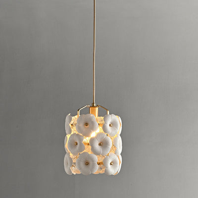 Modern Art Deco Cylinder Flower Full Brass Frame Ceramic Shade 1-Light Pendant Light For Bedroom