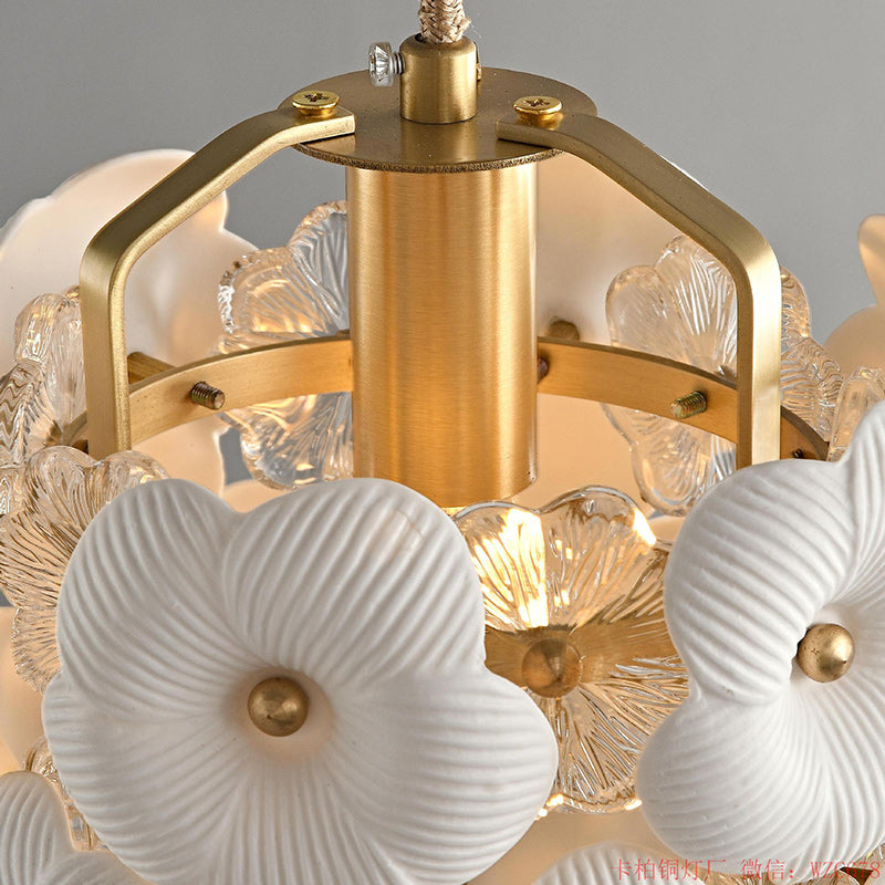 Modern Art Deco Cylinder Flower Full Brass Frame Ceramic Shade 1-Light Pendant Light For Bedroom