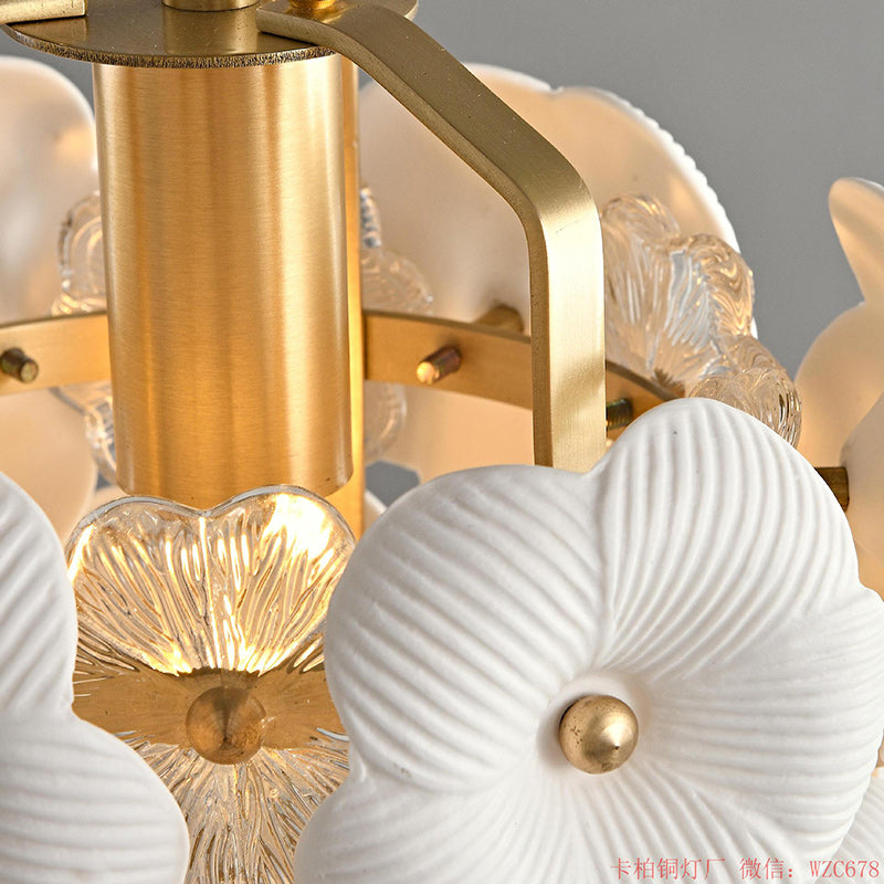 Modern Art Deco Cylinder Flower Full Brass Frame Ceramic Shade 1-Light Pendant Light For Bedroom