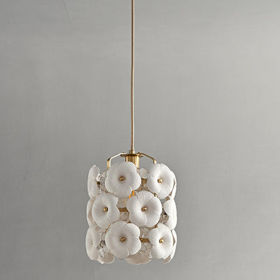 Modern Art Deco Cylinder Flower Full Brass Frame Ceramic Shade 1-Light Pendant Light For Bedroom