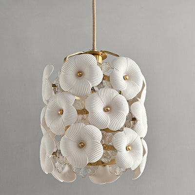 Modern Art Deco Cylinder Flower Full Brass Frame Ceramic Shade 1-Light Pendant Light For Bedroom