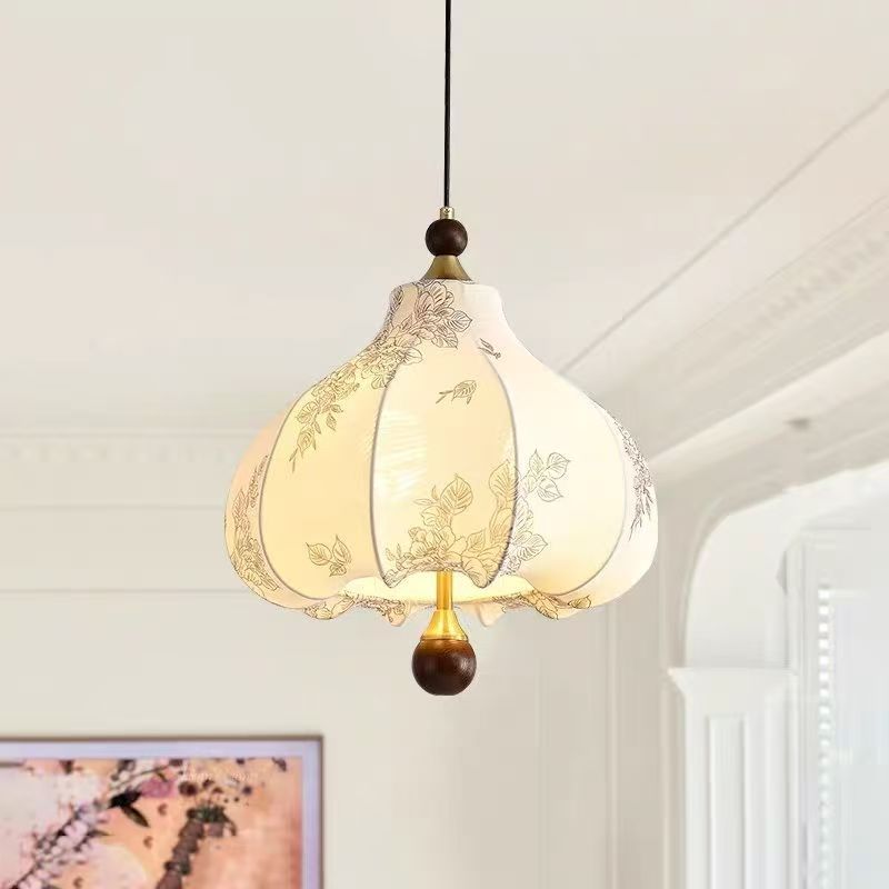 Traditional French Round Trapezoidal Flower Patterned Wood Fabric Metal 3/5 Light Pendant Light For Living Room