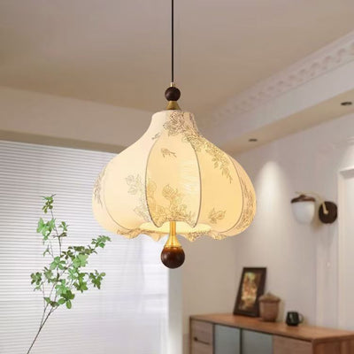 Traditional French Round Trapezoidal Flower Patterned Wood Fabric Metal 3/5 Light Pendant Light For Living Room