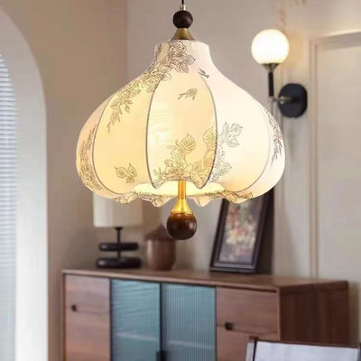 Traditional French Round Trapezoidal Flower Patterned Wood Fabric Metal 3/5 Light Pendant Light For Living Room