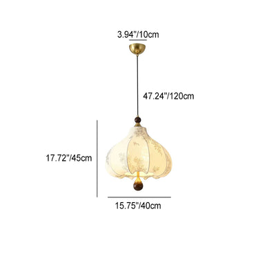 Traditional French Round Trapezoidal Flower Patterned Wood Fabric Metal 3/5 Light Pendant Light For Living Room