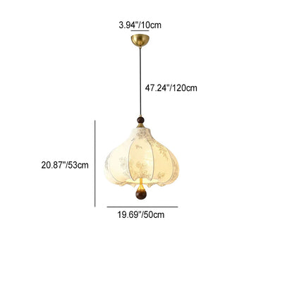 Traditional French Round Trapezoidal Flower Patterned Wood Fabric Metal 3/5 Light Pendant Light For Living Room