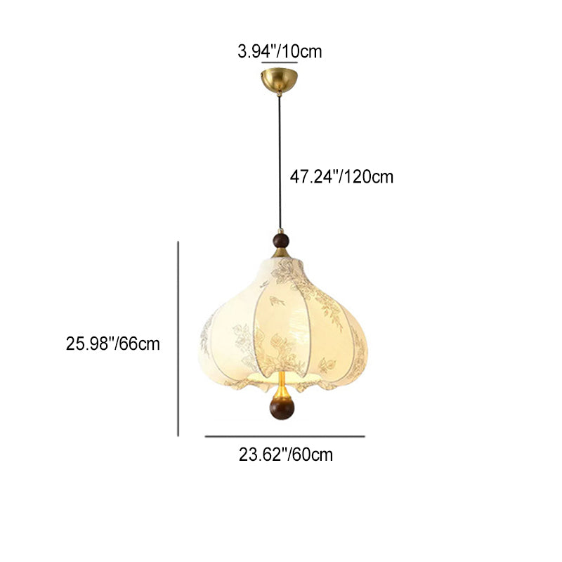 Traditional French Round Trapezoidal Flower Patterned Wood Fabric Metal 3/5 Light Pendant Light For Living Room