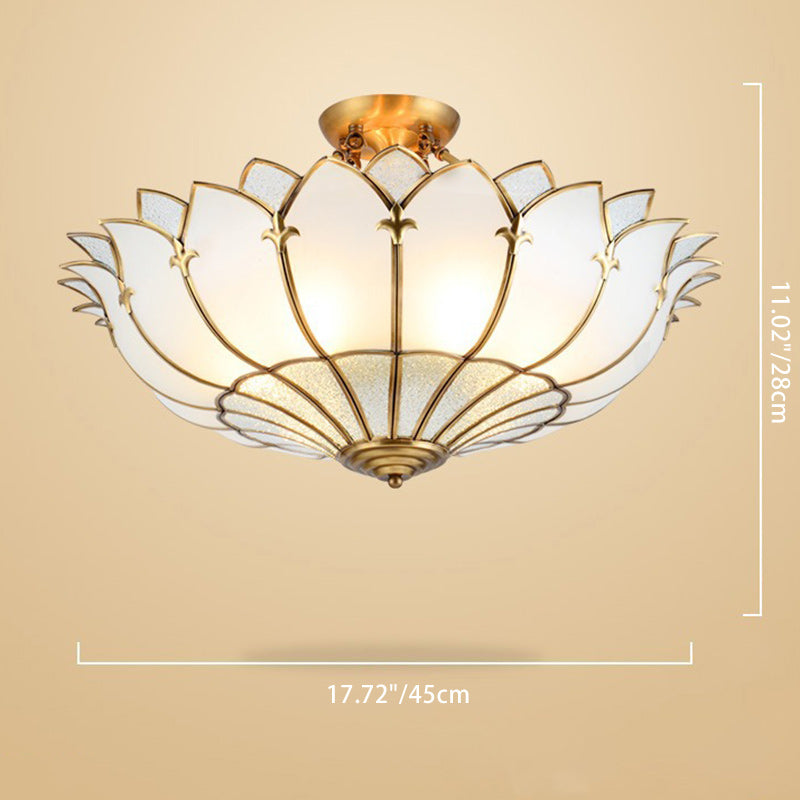 Traditional French Dome Petal Flower Copper Frame Glass Shade 4/6/8 Light Semi-Flush Mount Ceiling Light For Living Room