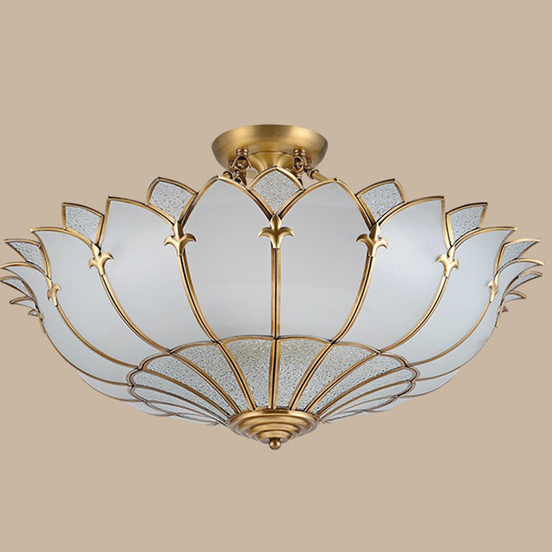 Traditional French Dome Petal Flower Copper Frame Glass Shade 4/6/8 Light Semi-Flush Mount Ceiling Light For Living Room